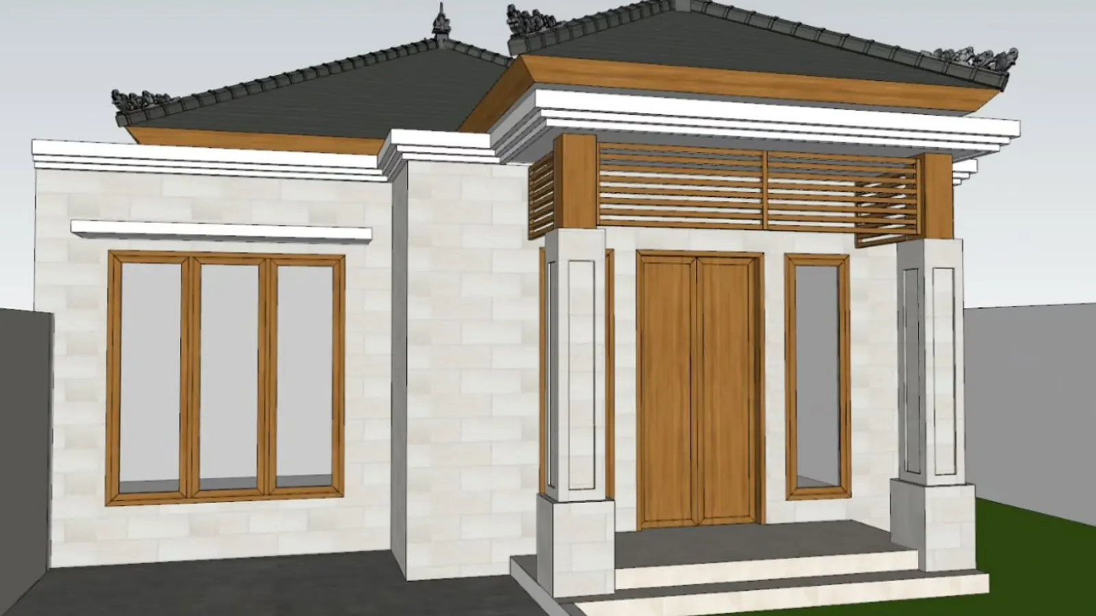 3D model of a single-storey Balinese-style house with a tiled hip roof and timber doors
