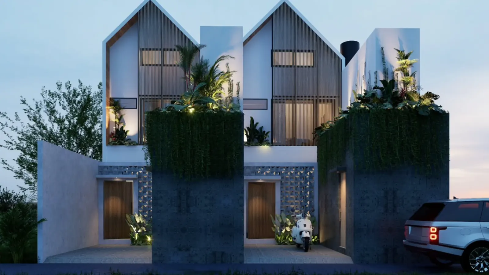 Design render of two gabled houses with vertical timber slats and planted concrete walls