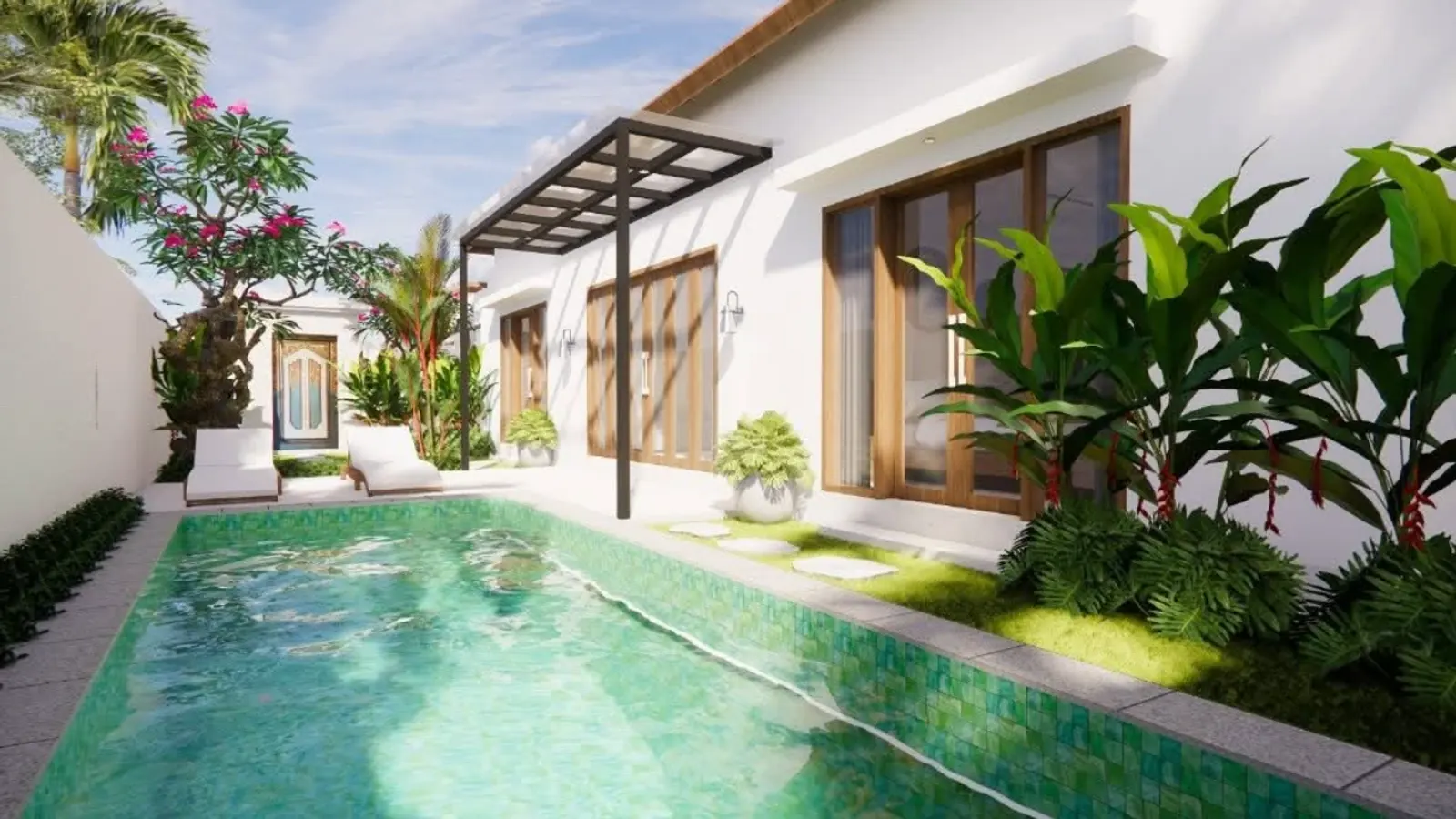 Design render of a white villa with a steel pergola beside a green-tiled pool