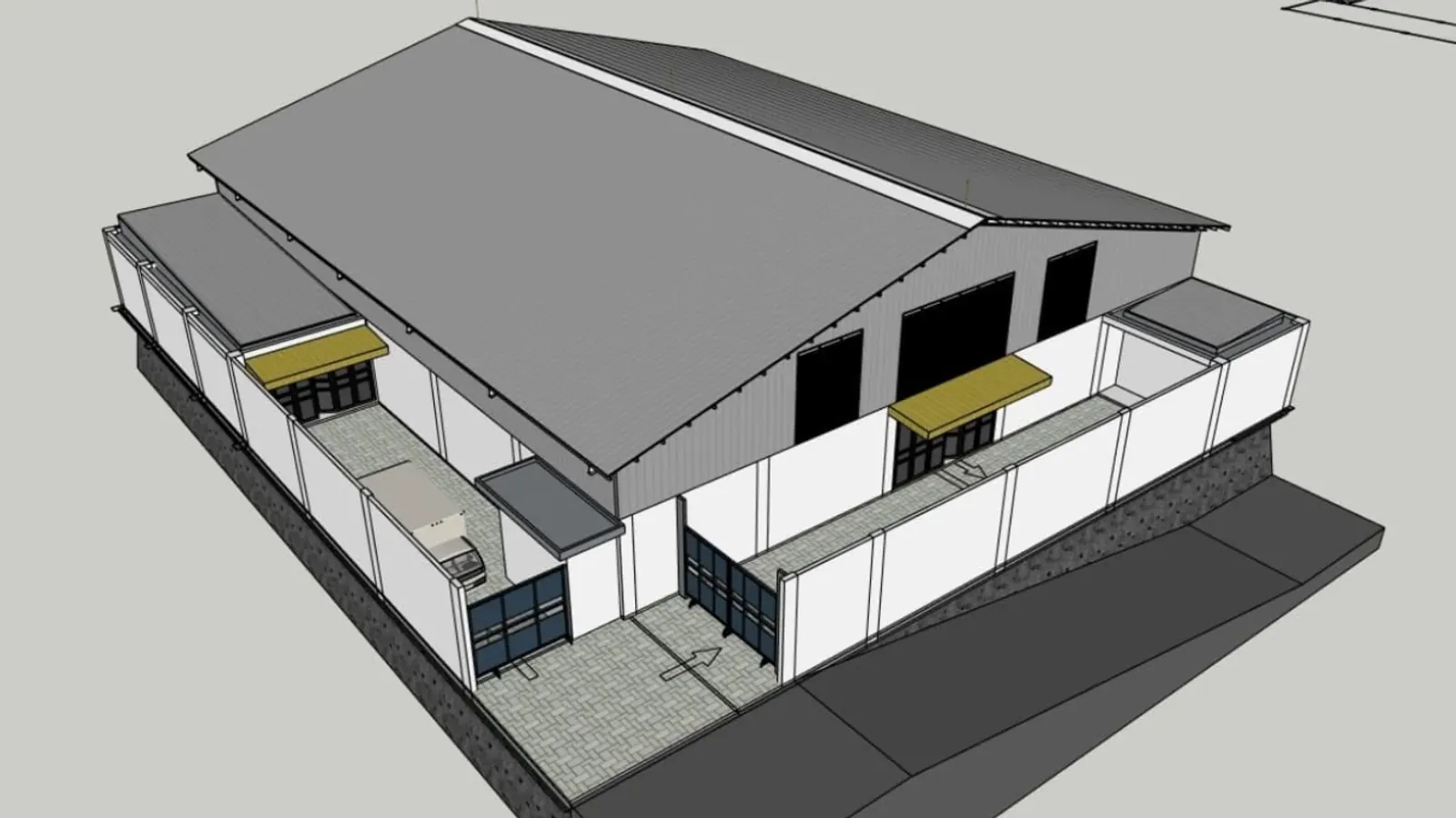 3D model of a steel-roofed warehouse with boundary walls and gated access